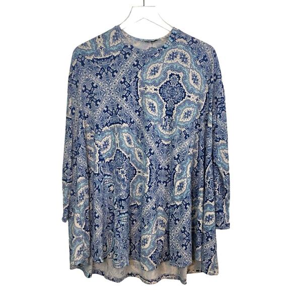 Show Me Your Mumu Size XS Blue & White Paisley Tunic Long Sleeve Boho Slinky - Picture 1 of 4